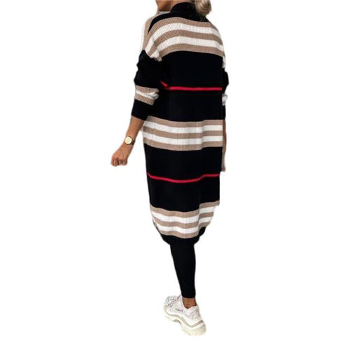 Women Clothing Sweater Long Striped Sweater Oversized Loose Cardigan Contrast Color Knitted Coat