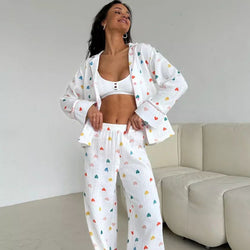 Colored Loving Heart Printed Long Sleeved Trousers Soft Skin Friendly Two Piece Home Wear Women Can Wear outside