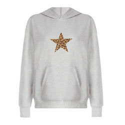 Simple Gray Leopard Print Five Pointed Star Loose Hooded Sweater Girl Basic All Matching Autumn Winter Pullover Top