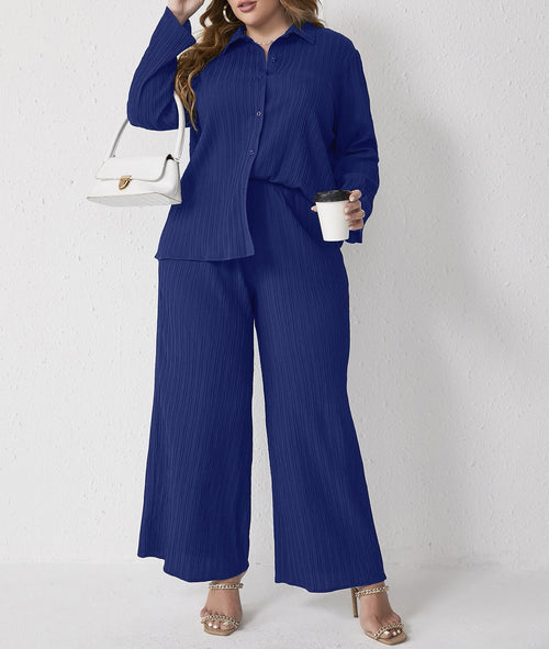 Pleated Casual Loose Shirt High Waist Trousers Suit Two Piece Set