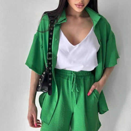 Spring Champray Collared Short Sleeved Shirt Shorts Suit Women Loose Casual Vacation Two Piece Suit