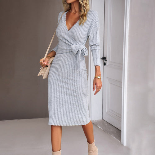 Women Clothing Silm Autumn Winter V neck Long Sleeve Knitted Tied Dress