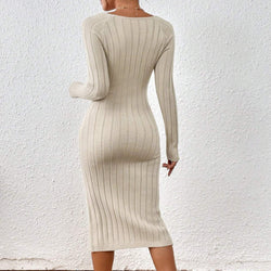 Autumn Winter Woolen Sexy Square Collar Long Sleeve Knitted Dress Women