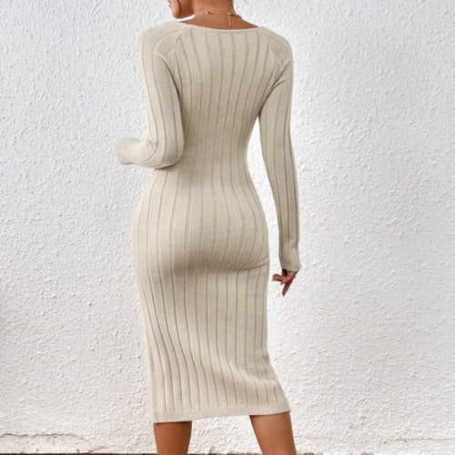 Autumn Winter Woolen Sexy Square Collar Long Sleeve Knitted Dress Women