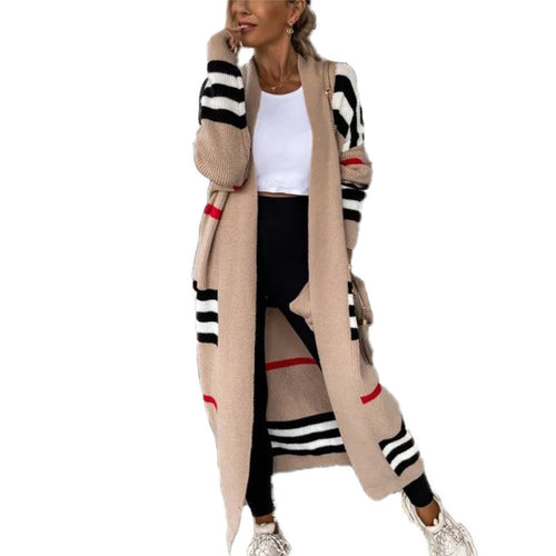 Women Clothing Sweater Long Striped Sweater Oversized Loose Cardigan Contrast Color Knitted Coat