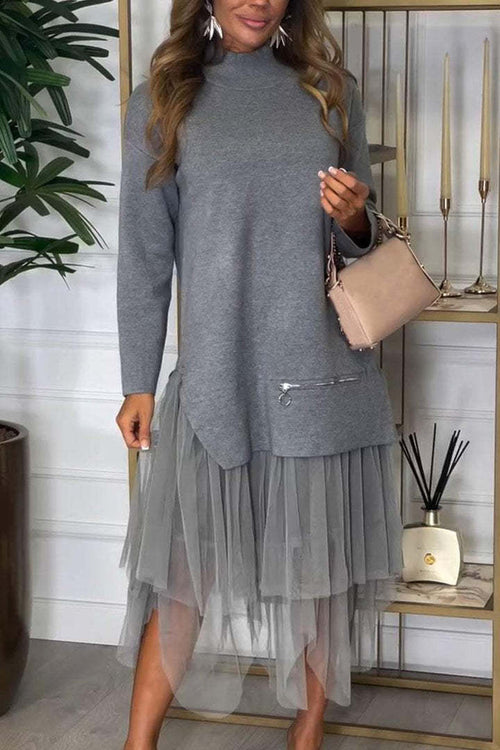 Autumn Winter Women Casual Mesh Stitching Dress