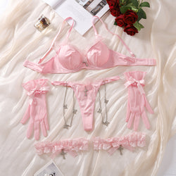 Japanese Cute Girl Pink Bow Sexy Bra Suit Elegant Lace Sexy Underwear Panties Four Piece Set