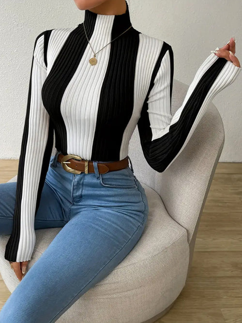 Women Spring Autumn Classic Black White Contrast Color Vertical Pattern Sweater Slim Fit Slim Bottoming Top