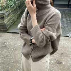 Retro Design Thin Bedford Cord Sweater Idle Single-Breasted Loose Solid Color Knitted Cardigan Women Clothes Tide