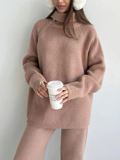 High Collar Zipper Knitted Sweater Women Suit Autumn Winter Knitted Western Wide Leg Two Piece Suit