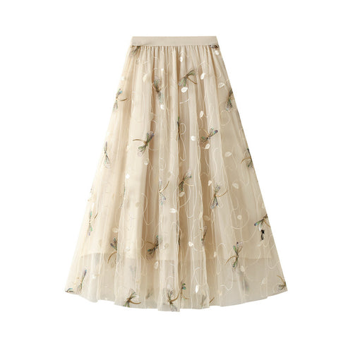 Three Dimensional Embroidery Dragonfly Embellished Tulle Skirt Women Summer French Romantic Skirt High Waist Long Skirt
