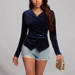 Long Sleeve Irregular Asymmetric Sexy Tops Retro Waist Controlled Cross V neck Women