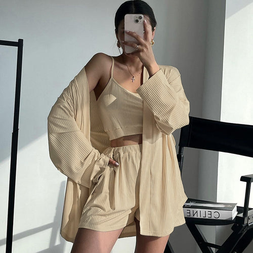 Autumn Knitted Long Sleeve Spaghetti Strap Shorts Three Piece Set Keep Warm Elastic Home Wear Women