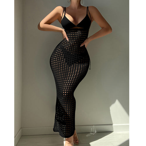 Women  Knitted Camisole Hollow Out Cutout Texture Sexy Slim High Waist Maxi Dress Beach Cover up Dress