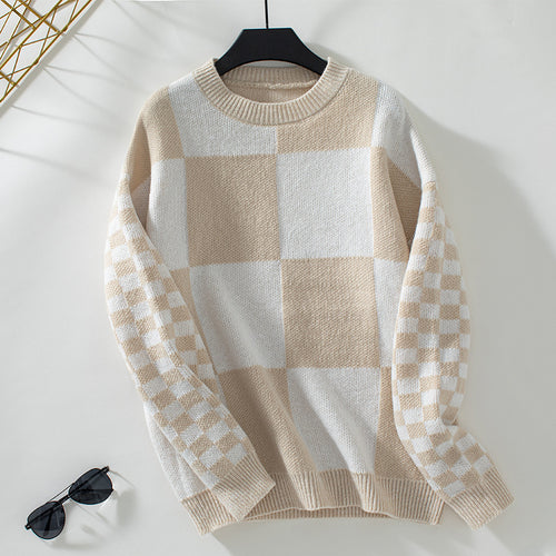 Contrast Color Check Pullover Women Knitted Sweater Autumn Winter All Matching Women Top