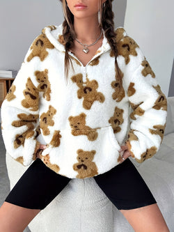 Fall Winter Bear Printed Double Sided Plush Casual Pullover Women