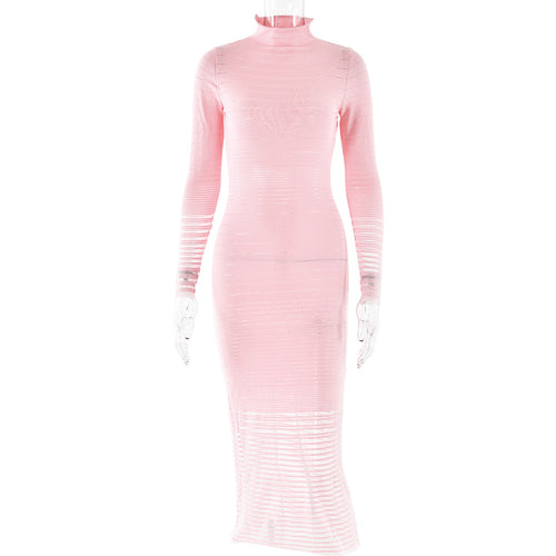 Autumn Winter Dress Knitted Long Sleeved Sexy Slim Striped See through Dress