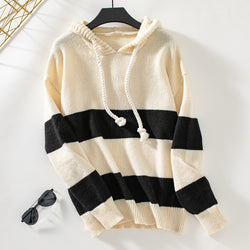 Hooded Color Contrast Pullover Sweater Top Women Autumn Winter Loose Casual All Matching Women Knitwear Top