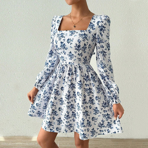 Women Clothing French Square Collar Elegant Dress Autumn Winter High Waist Backless Lace up Floral