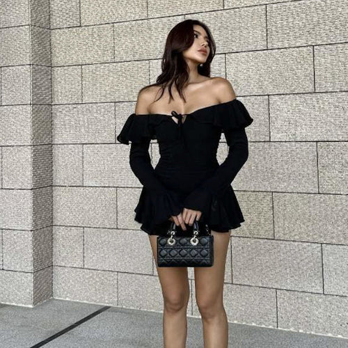 Autumn Winter Women Clothing off Shoulder Sexy Backless Ruffled Solid Color Sheath Dress