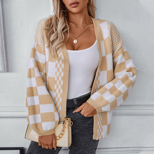 Contrast Color Check Women Sweater Autumn Winter Casual Loose Lantern Sleeve Knitted Cardigan