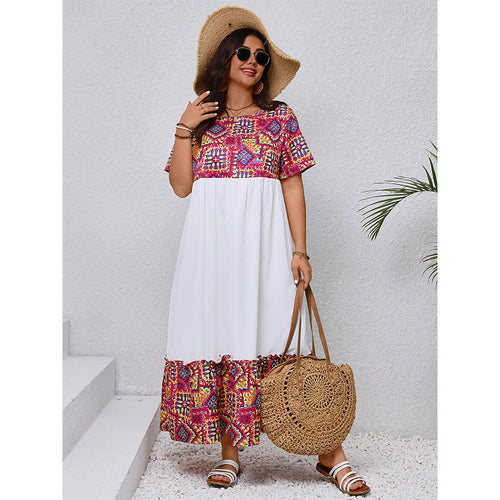 Bohemian Maxi  Round Neck Short Sleeve Long Pattern