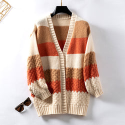 Contrast Color Striped Sweater Cardigan Women Autumn Winter Casual Loose Lantern Sleeve Sweater