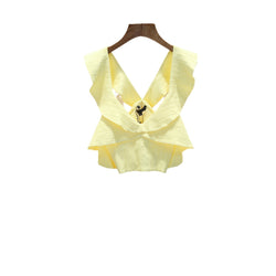 V-neck Shirt Yellow Elegant Sleeveless Cropped Top