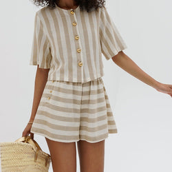 Women Clothing Short Sleeve Striped Shirt Shorts Suit Loose Breathable Two Piece Set