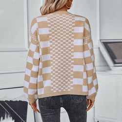 Contrast Color Check Women Sweater Autumn Winter Casual Loose Lantern Sleeve Knitted Cardigan