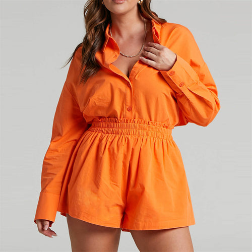 Single Breasted Collared Shirt Shorts Loose Casual Two Piece Suit Women