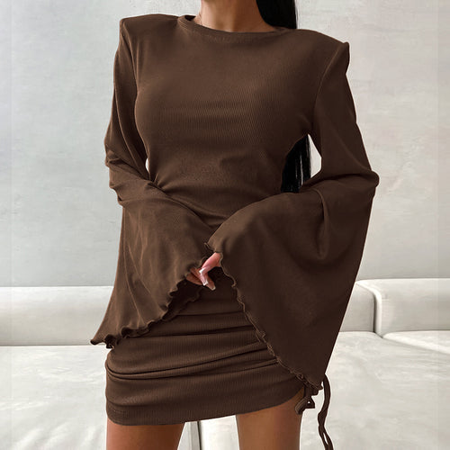 Autumn Sexy Elegant Round Neck Flared Sleeves Tight Lace Up Dress Knitted Solid Color Dress