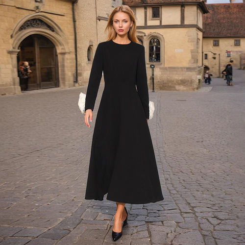 French Elegant Autumn Round Neck Long Sleeve Three Dimensional Floral Stitching Solid Color Maxi Dress Women