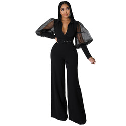 V-neck Mesh Puff Sleeve Special Women Clothing Loose Flared Jumpsuit