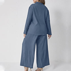 Pleated Casual Loose Shirt High Waist Trousers Suit Two Piece Set