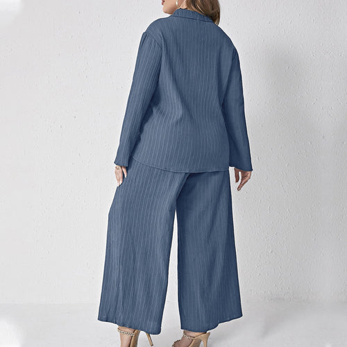 Pleated Casual Loose Shirt High Waist Trousers Suit Two Piece Set