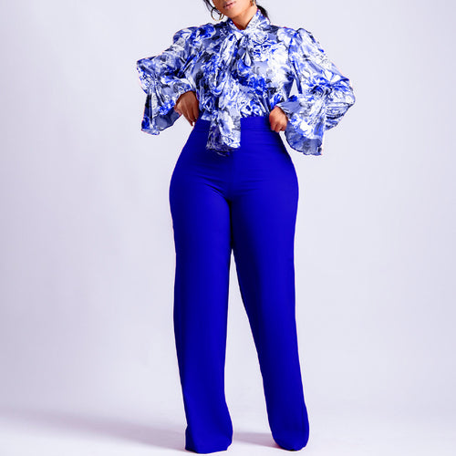 Loose Large Size Casual Printed Long-sleeved Shirt Wide-leg Pants Cross-border Two-piece Set