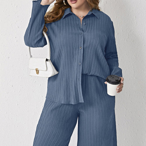 Pleated Casual Loose Shirt High Waist Trousers Suit Two Piece Set