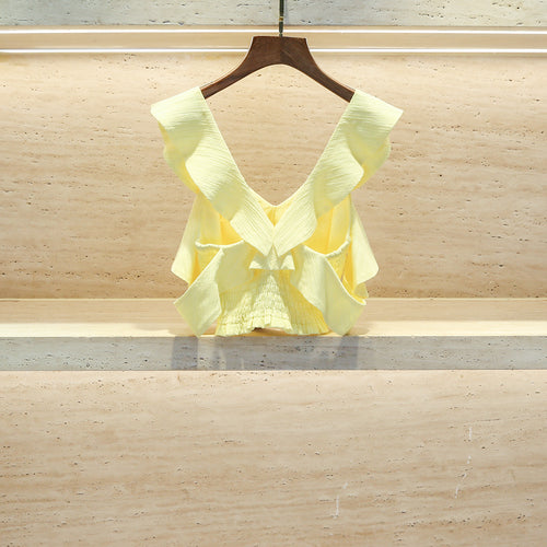 V-neck Shirt Yellow Elegant Sleeveless Cropped Top