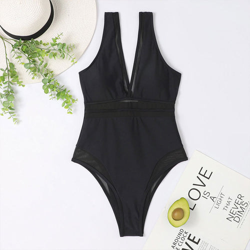 Solid Color Spun Yarn One Piece Swimsuit Women Deep V Plunge Sexy Spring Swimwear