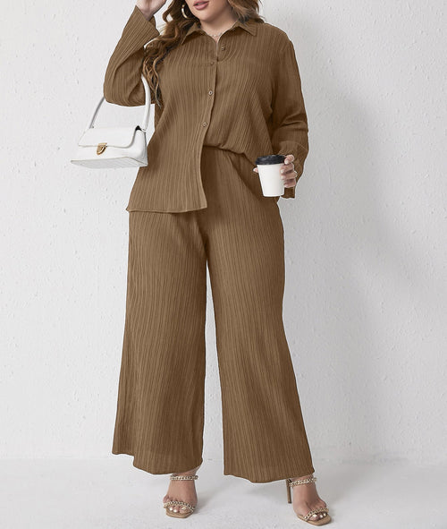 Pleated Casual Loose Shirt High Waist Trousers Suit Two Piece Set