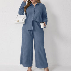 Pleated Casual Loose Shirt High Waist Trousers Suit Two Piece Set