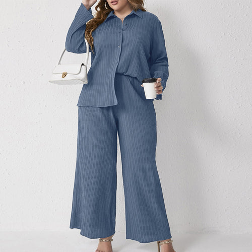 Pleated Casual Loose Shirt High Waist Trousers Suit Two Piece Set