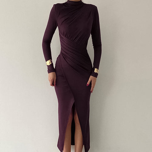 Autumn High Necked Pleated Slit Slim Fitting Long Sleeve Dress