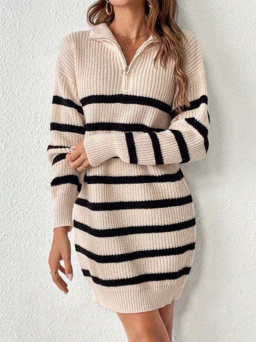 Women Knitted Dress Classic Striped Pullover Long Sleeve Half Zipper Autumn Winter Base Sweater Dress