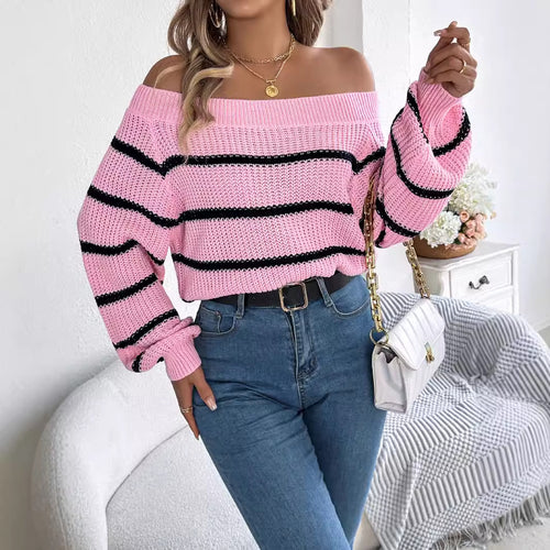 Real Shot Autumn Winter Casual Striped off the Shoulder Lantern Sleeve Pullover Sweater Women Clothing