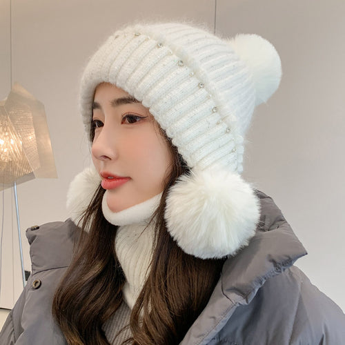 Jiayi Winter Women's Knitted Hat Korean-style Fashionable All-match Real Rabbit Fur Hat Fleece-lined Thickened Wool Hat Cycling Windproof