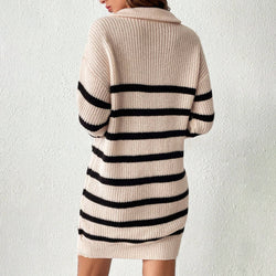 Women Knitted Dress Classic Striped Pullover Long Sleeve Half Zipper Autumn Winter Base Sweater Dress