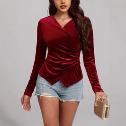 Long Sleeve Irregular Asymmetric Sexy Tops Retro Waist Controlled Cross V neck Women