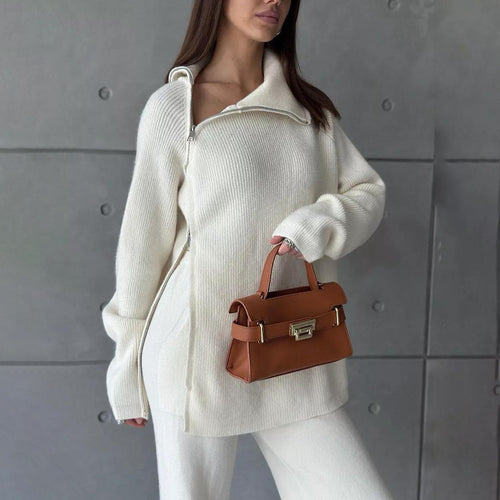 High Collar Zipper Knitted Sweater Women Suit Autumn Winter Knitted Western Wide Leg Two Piece Suit